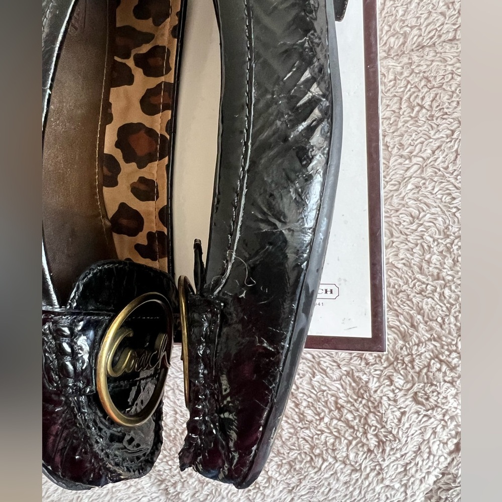 Coach Black Patent Leather Loafers with Gold Logo Medallions - Picture 10 of 11